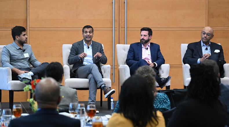 Panelists (from left), Jay Deuskar, co-founder and chief technology officer of PrizePicks, Snehit Cherian, chief technology officer of Global Nexis Solutions at LexisNexis, Kevin Johnson, Head of Al at Synovus and Dr. Rahul Nayak, Physician Director of Kaiser Permanente's Virtual Medical Center, at the AJC's 2024 Top Leaders event at Cox Headquarters, Thursday, October 10, 2024. (Hyosub Shin / AJC)