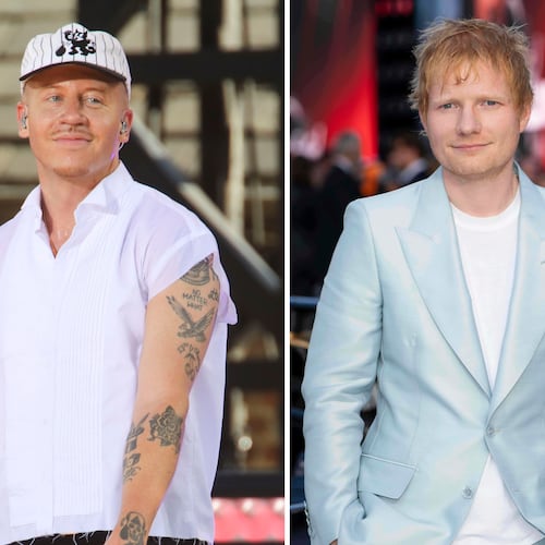 Recording artist Macklemore appears on ABC's "Good Morning America" Summer Concert Series in Central Park in New York on July 22, 2022, left, and Ed Sheeran appears at the premiere of the film "F1 The Movie" in London on June 23, 2025. (AP Photo)