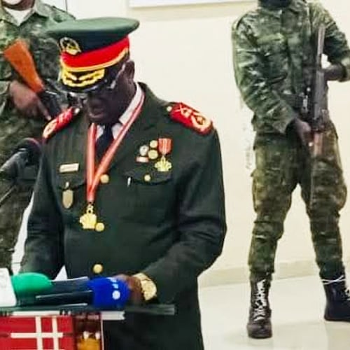 In this photo taken from video provided by TGB Guinea-Bissau, Guinea-Bissau's new junta leader Gen. Horta Inta-A, takes an oath of office in Bissau, Guinea-Bissau, Thursday, Nov. 27, 2025. (TGB Guinea-Bissau via AP)