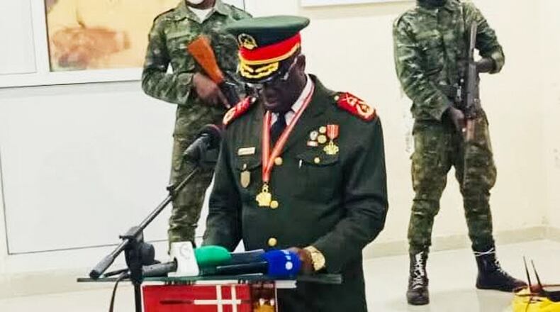 In this photo taken from video provided by TGB Guinea-Bissau, Guinea-Bissau's new junta leader Gen. Horta Inta-A, takes an oath of office in Bissau, Guinea-Bissau, Thursday, Nov. 27, 2025. (TGB Guinea-Bissau via AP)