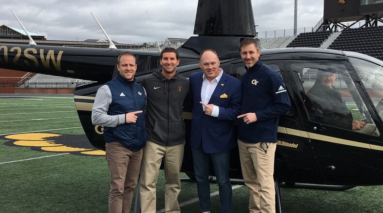 Georgia Tech coach Geoff Collins (second from right, in blazer) with (from left) tight ends coach Chris Wiesehan, Carrollton High coach Sean Calhoun and safeties coach Nathan Burton. (Courtesy Sean Calhoun)