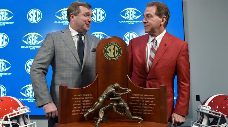 Georgia's Kirby Smart and Alabama's Nick Saban prior to the 2018 SEC Championship game in Atlanta.