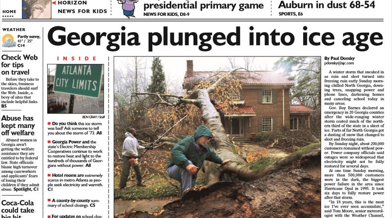 Super Bowl Week in 2000 started with an ice storm. The Atlanta Constitution front page on Monday, Jan. 24 proclaimed, "Georgia plunged into ice age," while other headlines promoted a special section for the upcoming Super Bowl. (AJC archives)