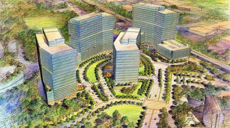 A rendering shows the plan for a future State Farm campus in Dunwoody, which could include up to four buildings on a 17-acre campus at Hammond Drive and Perimeter Center Parkway.