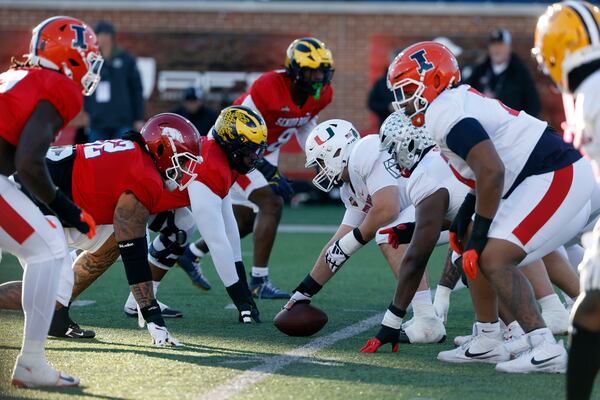 Players from various colleges run through drills during practice for the Senior Bowl on Wednesday, Jan. 28, 2026, in Mobile, Ala. (Butch Dill/AP)