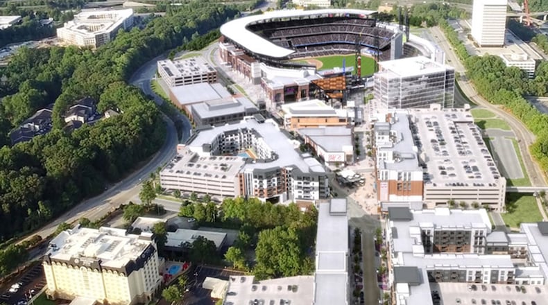 A mixed-use development of shops, restaurants, residences, offices and a hotel will adjoin the Braves’ new stadium, SunTrust Park. (Rendering/Atlanta Braves)