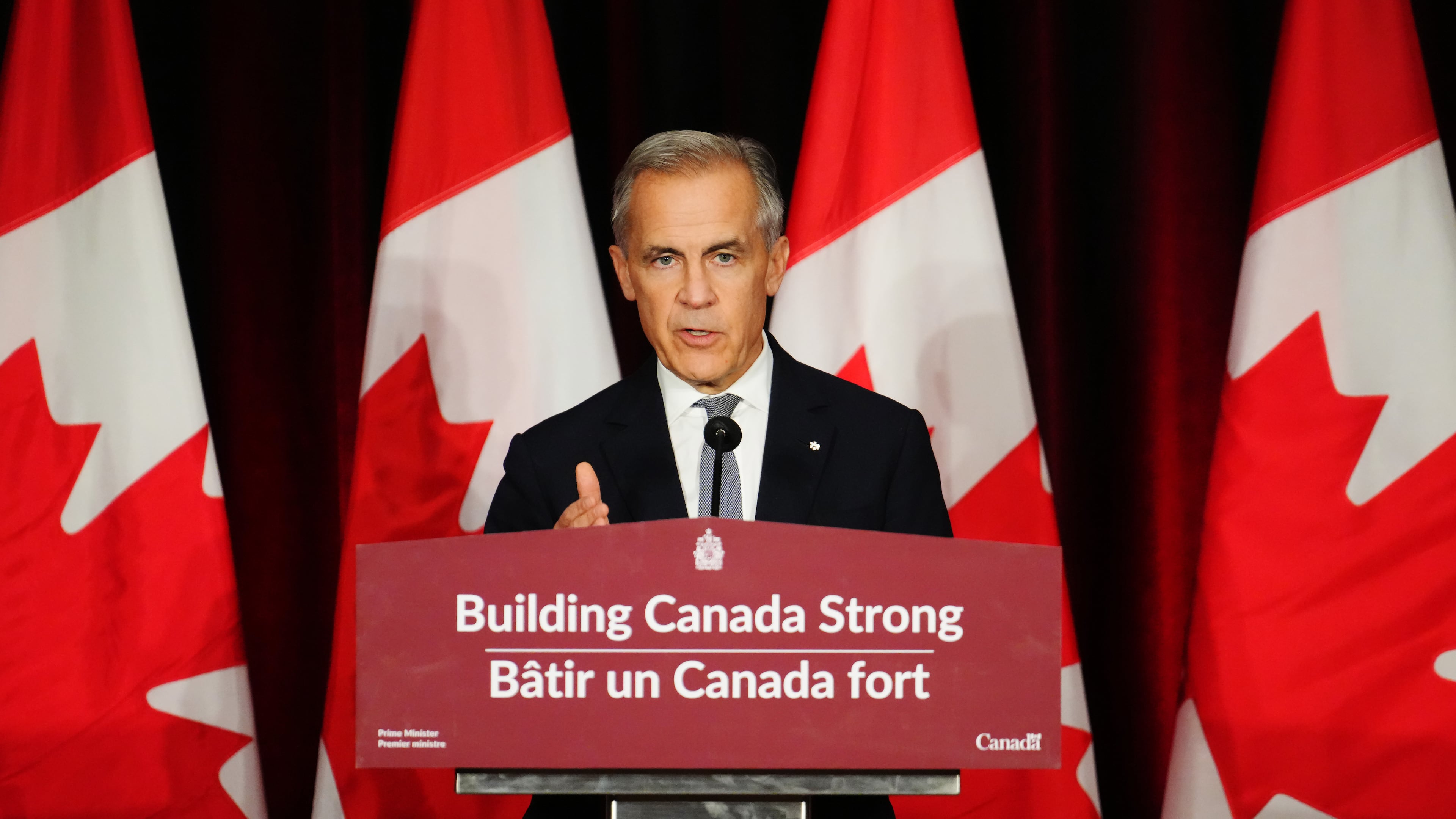 Canada Prime Minister Mark Carney makes a live address on Canada's plan to build a stronger economy in advance of the 2025 Budget, at the University of Ottawa in Ottawa on Wednesday, Oct. 22, 2025. (Sean Kilpatrick/The Canadian Press via AP)
