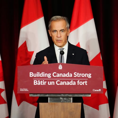Canada Prime Minister Mark Carney makes a live address on Canada's plan to build a stronger economy in advance of the 2025 Budget, at the University of Ottawa in Ottawa on Wednesday, Oct. 22, 2025. (Sean Kilpatrick/The Canadian Press via AP)