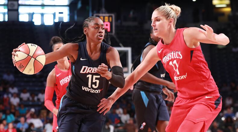 Atlanta Dream guard Tiffany Hayes drives against Washington Mystics forward Elena Delle Donne during the first half in a WNBA semifinal playoff game on Sunday, August 26, 2018, in Atlanta.   Curtis Compton/ccompton@ajc.com