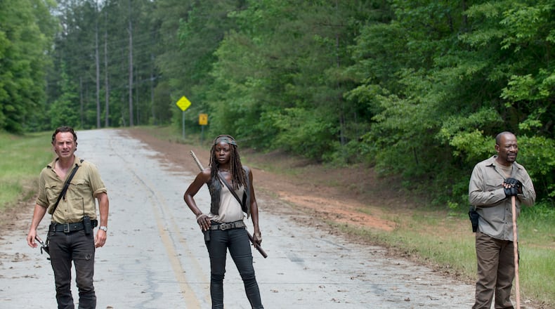 Andrew Lincoln as Rick Grimes, Danai Gurira as Michonne and Lennie James as Morgan Jones - The Walking Dead _ Season 6, Episode 1 - Photo Credit: Gene Page/AMC