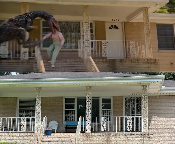 "The End of Oak Street" features several homes on Wisteria Lane in Southwest Atlanta. This home's fictional neighbor is eaten by a dinosaur, a scene catpured in the trailer of the film out Aug. 14, 2026. (Credit: Top, screen shot from Warner Brothers trailer, bottom, Rodney Ho/AJC)