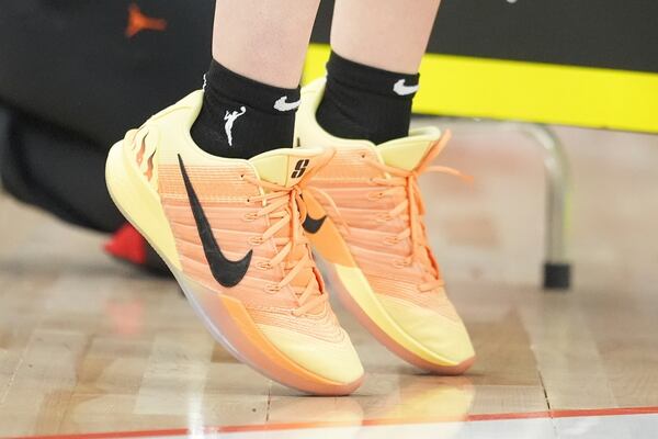 New York Liberty's Sabrina Ionescu shoes are pictured during the 3-point contest at the WNBA All-Star basketball weekend, Friday, July 18, 2025, in Indianapolis. (AP Photo/Michael Conroy)
