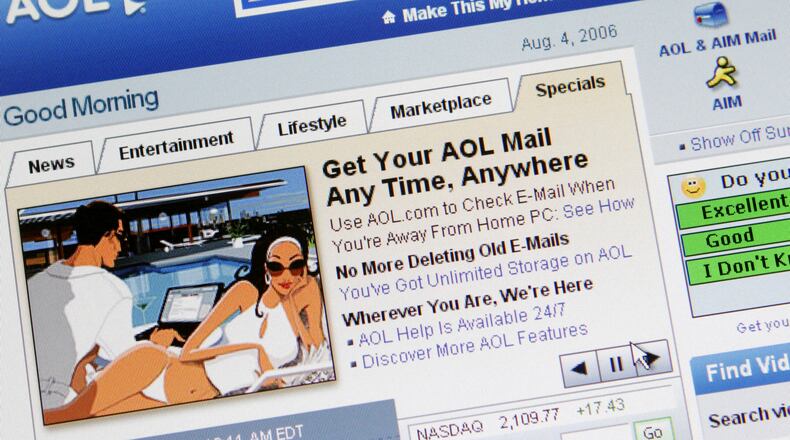 FILE - AOL's home page is shown on a computer screen, Aug. 4, 2006, in New York. (AP Photo/Mark Lennihan, File)