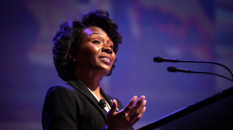 Cobb Commission Chair Lisa Cupid gives the State of the County address at the Roxy Theatre at Truist Park Monday, March 8, 2021. STEVE SCHAEFER FOR THE ATLANTA JOURNAL-CONSTITUTION