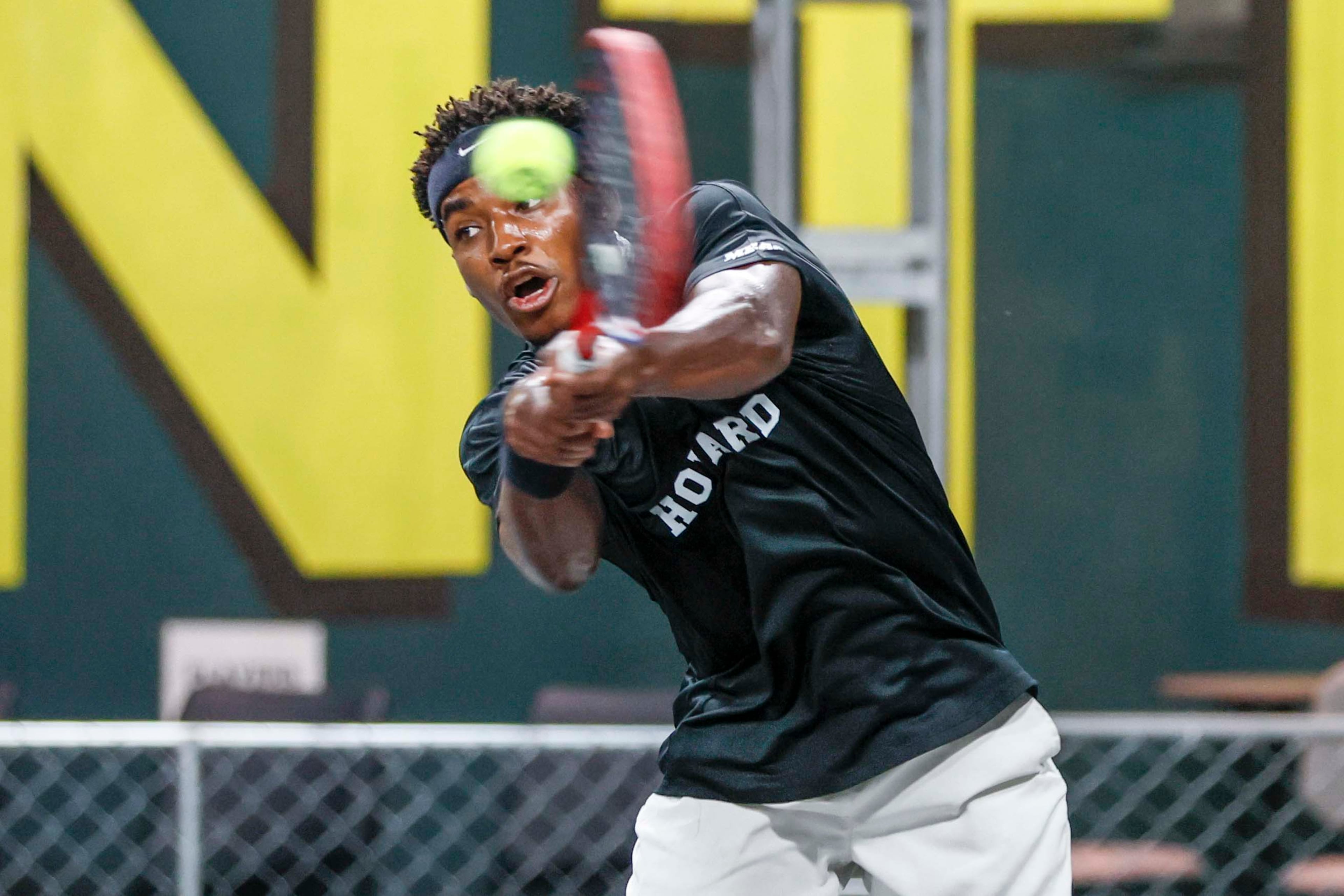 Marcel Dawson hits a backhand during an Intennse Challenge Series match at the Electric Owl Studios on Thursday, July 10, 2025, in Decatur. (Miguel Martinez/AJC)