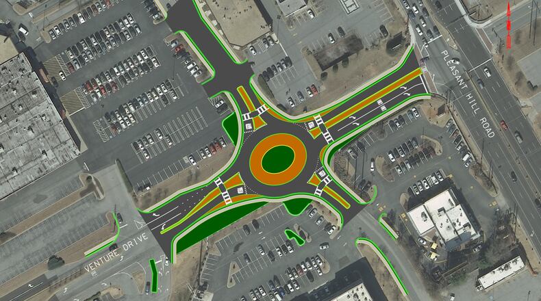 Drivers making their way to and from Pleasant Hill Drive on Venture Drive near the Gwinnett Place Mall area are navigating a new roundabout at Day Drive. (Courtesy Gwinnett Place CID)
