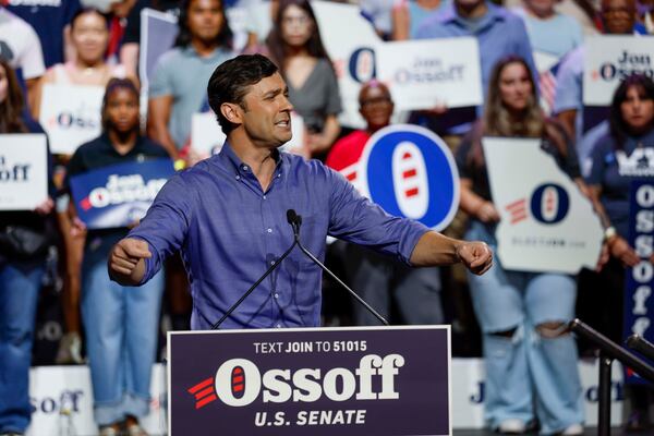 U.S. Sen. Jon Ossoff speaks to supporters during a campaign rally at the Center Stage Theater on Sunday, Aug. 16, 2026. (Miguel Martinez/AJC)