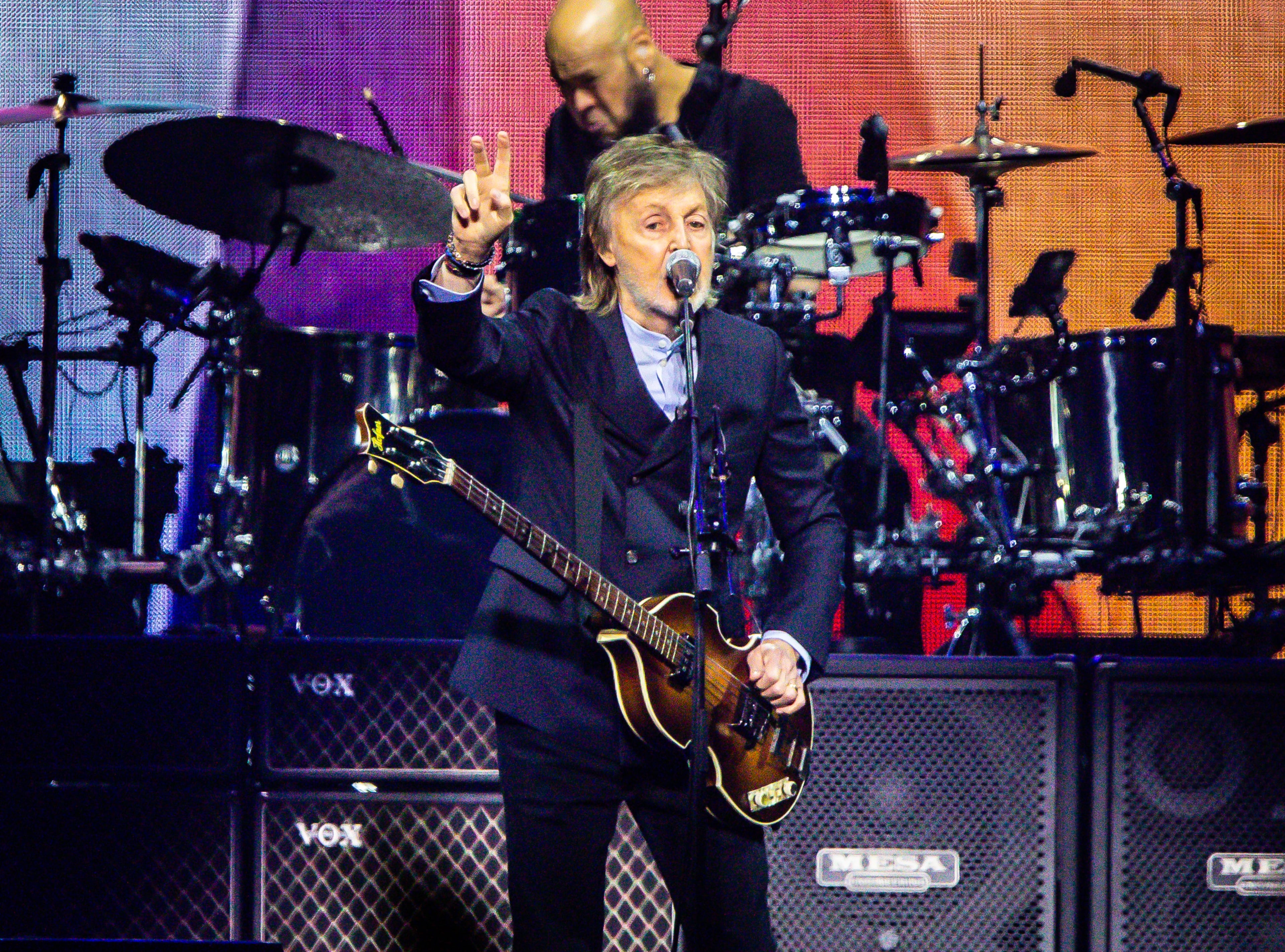Paul McCartney plays to a nearly sold-out State Farm Arena in Atlanta on Sunday, Nov. 2, 2025.  (Ryan Fleisher for the AJC)