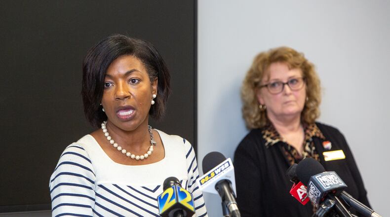 At the Cobb County Elections and Voter Registration office, Cobb County Board of Elections Chair Tori Silas, left, and the now former Cobb County Elections Director Janine Eveler, right, hold a press conference Monday, Nov 7, 2022. Elections officials discovered this week 18 ballots that were not counted during last year's elections, adding to the host of blunders the department faced. (Jenni Girtman for The Atlanta Journal-Constitution)