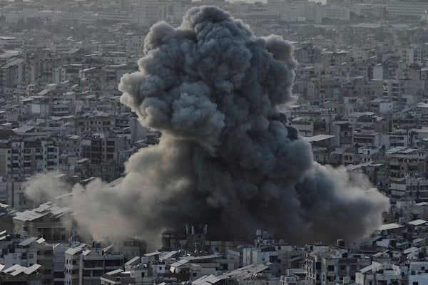 Smoke rises following an Israeli airstrike on Dahiyeh in the southern suburb of Beirut, Lebanon, Sunday, April 27, 2025. (AP Photo/Bilal Hussein)