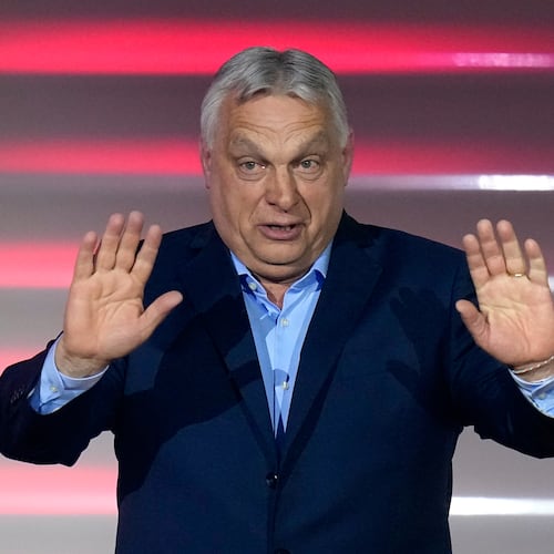Hungary's Prime Minister Viktor Orban addresses supporters after receiving the results of a parliamentary election in Budapest, Hungary, Sunday, April 12, 2026. (AP Photo/Petr David Josek)