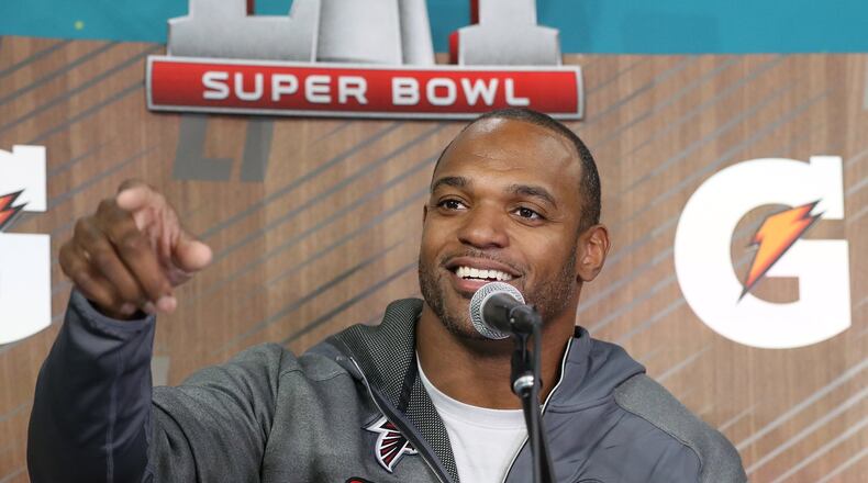 January 30, 2017, Houston: Falcons Dwight Freeney takes a question on Super Bowl Opening Night on Monday, Jan. 30, 2017, at Minute Maid Park in Houston. Curtis Compton/ccompton@ajc.com