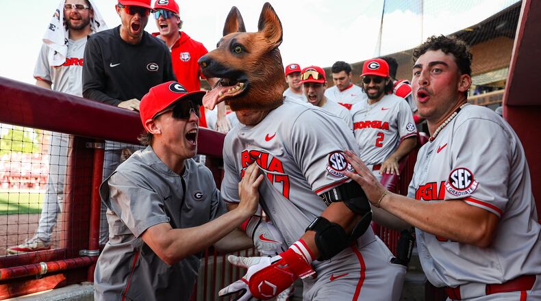 That's Georgia outfielder Logan Jordan (17) under that dog mask. It was bestowed upon the 6-foot-3 graduate after his pinch-hit, grand slam home run in the eighth inning on Saturday, which ultimately proved to be a game-winner in Georgia’s 14-6 victory over South Carolina at Founders Park in Columbia, South Carolina, on May 11, 2024. (Kari Hodges/UGA Athletics)