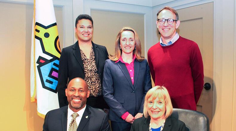 Decatur commissioners, seated l-r Mayor Pro Tem Tony Powers and Mayor Patti Garrett, standing l-r Lesa Mayer, Kelly Walsh and George Dusenbury. Courtesy City of Decatur