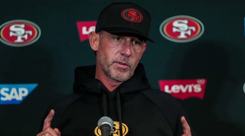 San Francisco 49ers head coach Kyle Shanahan speaks to the media ahead of practice Monday, Sept. 7, 2026, in Melbourne, Australia, in preparation for an NFL football game against the Los Angeles, Rams. (AP Photo/Asanka Brendon Ratnayake)