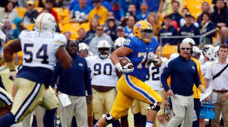 Brian O’Neill #70 of the Pittsburgh Panthers rushes for a 24-yard touchdown in the first half during the game against the Georgia Tech Yellow Jackets on October 8, 2016 at Heinz Field in Pittsburgh, Pennsylvania. (Photo by Justin K. Aller/Getty Images)