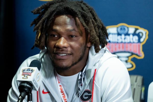 Georgia linebacker Raylen Wilson speaks during the Sugar Bowl media day at the Sheraton, Tuesday, Dec. 30, 2025, in New Orleans. Georgia and Mississippi play in the 2026 Playoff Quarterfinal at the Sugar Bowl, Thursday, Jan. 1, 2026. (Jason Getz/AJC)