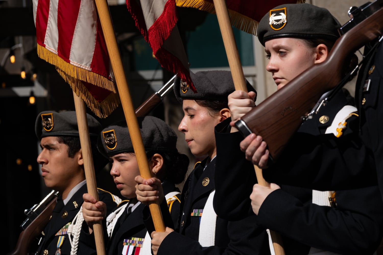 The Centennial High School Army JROTC marches in the Georgia Veterans Day Parade in Midtown Atlanta on Saturday, Nov. 8, 2025.   Ben Gray for the Atlanta Journal-Constitution