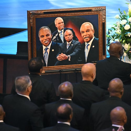 A framed photo of U.S. Rep. David Scott is displayed during his funeral service at Elizabeth Baptist Church on Saturday, May 2, 2026, in Atlanta. (Hyosub Shin/AJC)