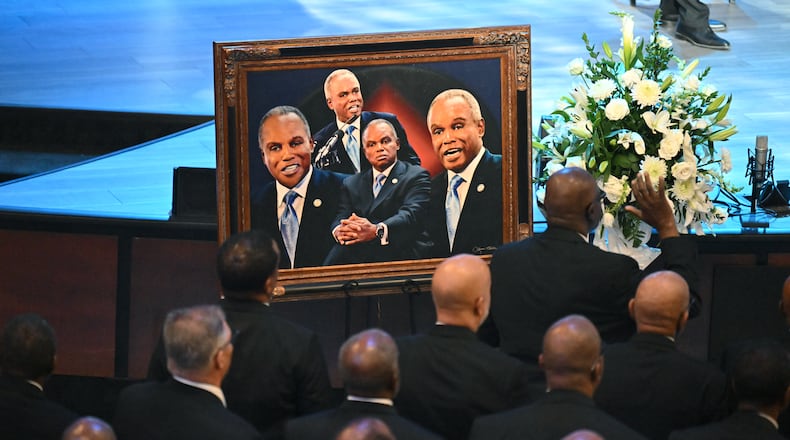 A framed photo of U.S. Rep. David Scott is displayed during his funeral service at Elizabeth Baptist Church on Saturday, May 2, 2026, in Atlanta. (Hyosub Shin/AJC)