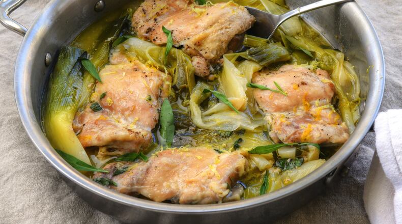 Braised Chicken and Leeks. (Chris Hunt for The Atlanta Journal-Constitution)