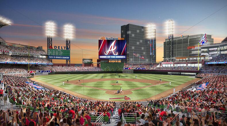 Renering of SunTrust Park shows signage associated with the Braves' deals with Delta Air Lines and Comcast.