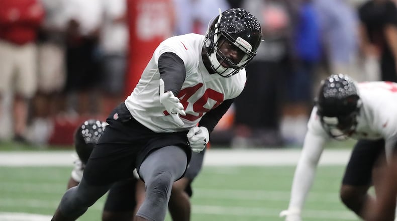 May 22, 2018 Flowery Branch: Atlanta Falcons rookie linebacker Richard Jarvis runs a drill during organized team activities on Tuesday, May 22, 2018, in Flowery Branch.   Curtis Compton/ccompton@ajc.com