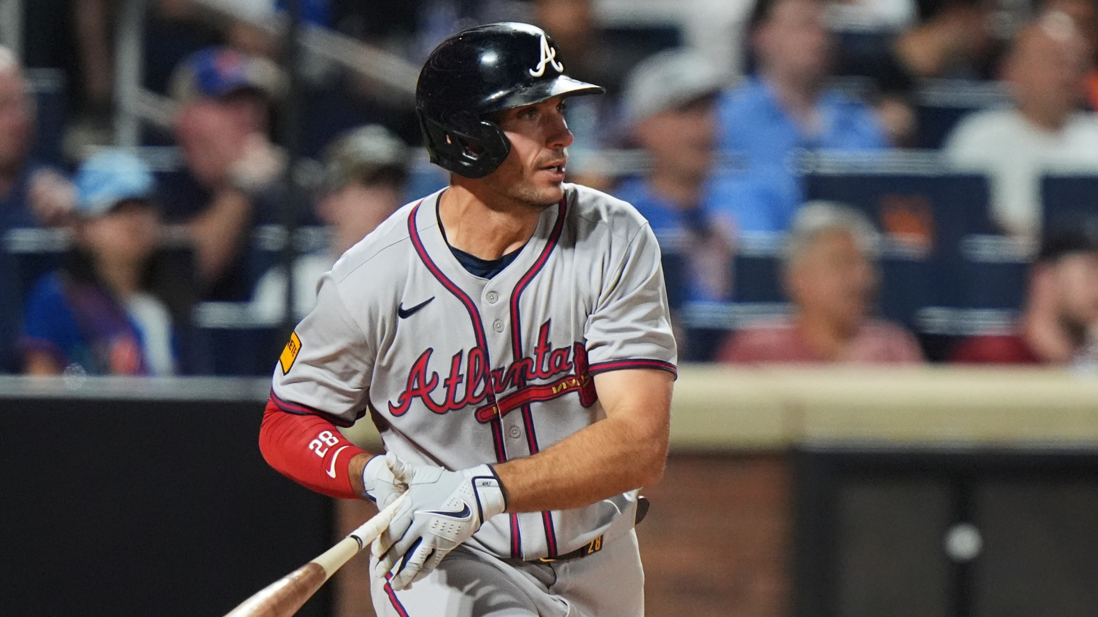 The Atlanta Braves' Matt Olson follows through on a two-run single during the sixth inning against the New York Mets on Tuesday, June 24, 2025, in New York. (Frank Franklin II/AP)