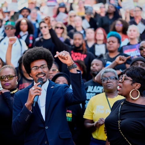 Rep. Justin J. Pearson, D-Memphis, speaks during a rally after a special session of the state legislature to redraw U.S. Congressional voting maps Thursday, May 7, 2026, in Nashville, Tenn. (AP Photo/George Walker IV)