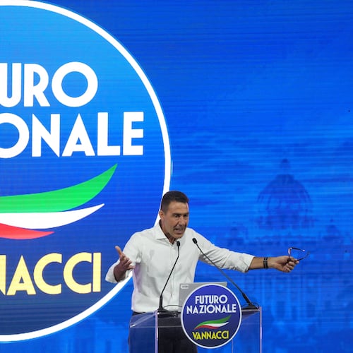 EU Parliament member and former Italian army general Roberto Vannacci addresses the audience as he concludes the two-day founding congress of his far-right party, Futuro Nazionale (National Future) in Rome, Sunday, June 14, 2026. (AP Photo/Gregorio Borgia)
