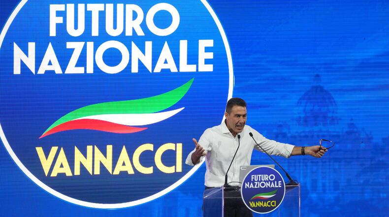 EU Parliament member and former Italian army general Roberto Vannacci addresses the audience as he concludes the two-day founding congress of his far-right party, Futuro Nazionale (National Future) in Rome, Sunday, June 14, 2026. (AP Photo/Gregorio Borgia)