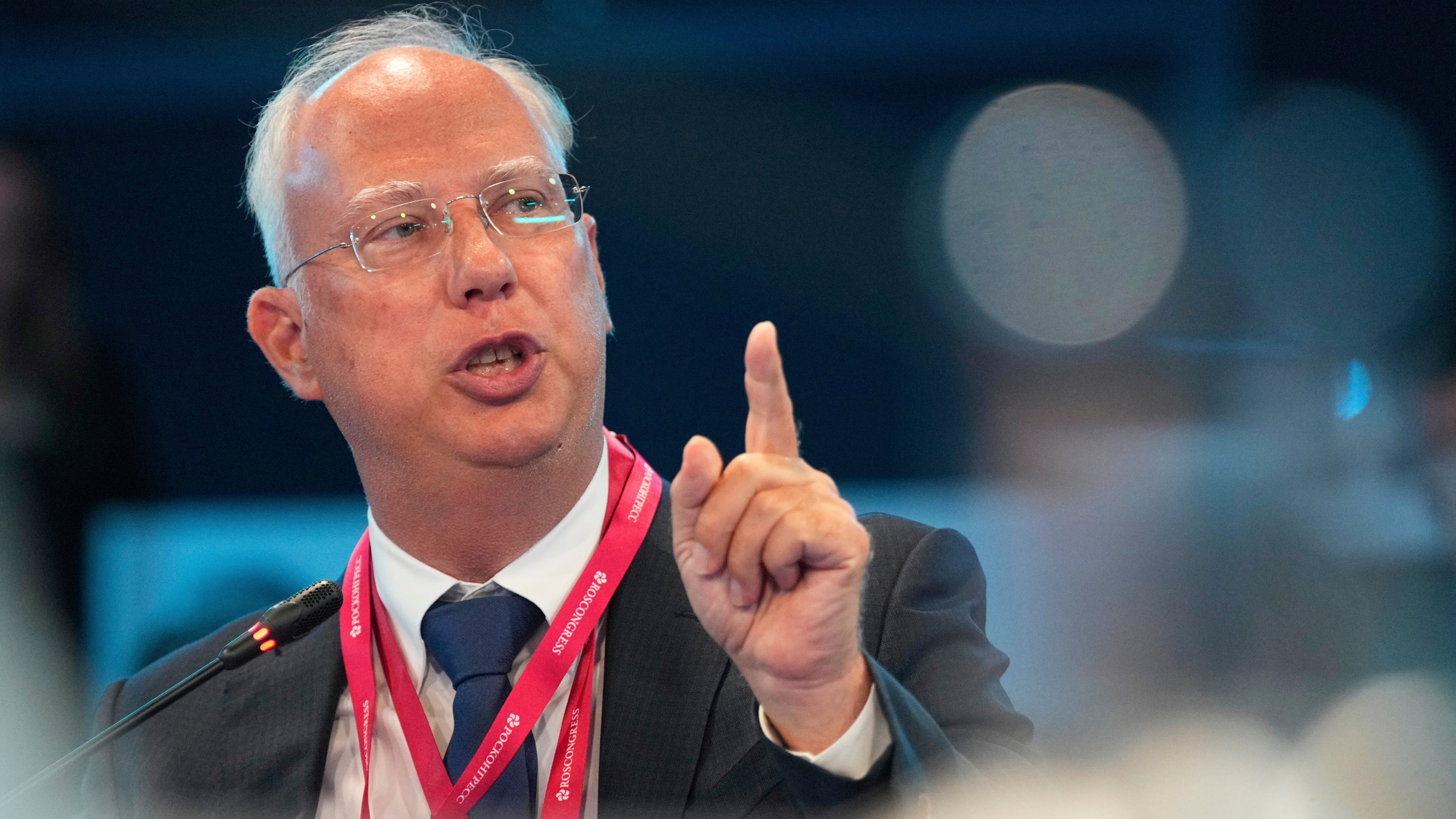 FILE - Russian President Vladimir Putin's envoy Kirill Dmitriev speaks at an economic forum in St. Petersburg, Russia, on June 20, 2025. (AP Photo/Dmitri Lovetsky, File)