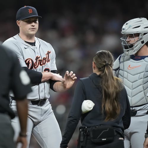 Detroit Tigers pitcher Tarik Skubal (29) rubs his arm during the seventh inning of a baseball game against the Atlanta Braves Wednesday, Apr. 29, 2026, in Atlanta. (AP Photo/Brynn Anderson)