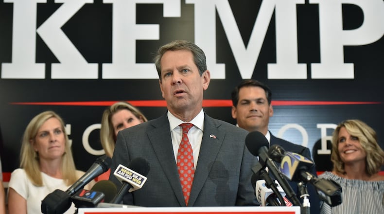 Republican nominee for governor Brian Kemp, speaking to reporters during a press conference at his campaign headquarters in Buckhead on Wednesday, Sept. 19, 2018, proposed a school counselor in all 343 state public high schools; one-time funding for schools to spend as they see fit; and a school safety division in the Georgia Department of Education. HYOSUB SHIN / HSHIN@AJC.COM