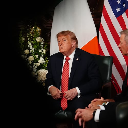 U.S. President Donald Trump during a meeting with Ireland's Prime Minister Micheál Martin at Farmleigh House in Dublin, Saturday, Sept. 12, 2026. (AP Photo/Julia Demaree Nikhinson)
