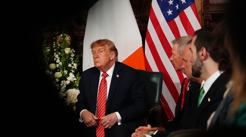 U.S. President Donald Trump during a meeting with Ireland's Prime Minister Micheál Martin at Farmleigh House in Dublin, Saturday, Sept. 12, 2026. (AP Photo/Julia Demaree Nikhinson)