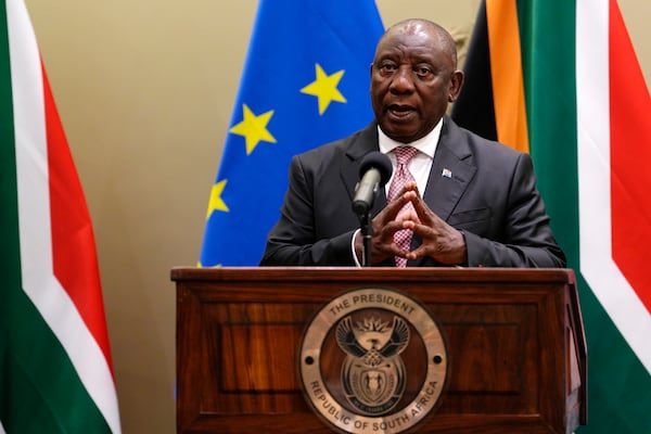South Africa's President Cyril Ramaphosa speaks to journalist during the eighth EU-South Africa summit in Cape Town, South Africa, Thursday, March 13, 2025. (AP Photo/Nardus Engelbrecht)