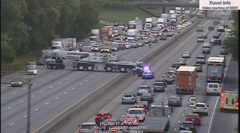 A huge crane jackknifed Thursday morning on I-285 near Jonesboro Road. Georgia Department of Transportation photo.