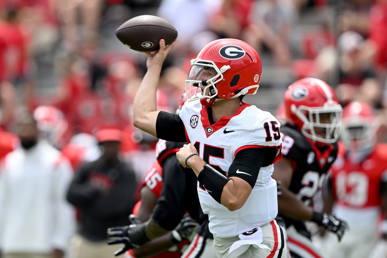 Georgia quarterback Ryan Montgomery — pictured during the G-Day spring football gamein April — appears to have tightened the race with Ryan Puglisi for the backup quarterback role behind Gunner Stockton. (Hyosub Shin/AJC)