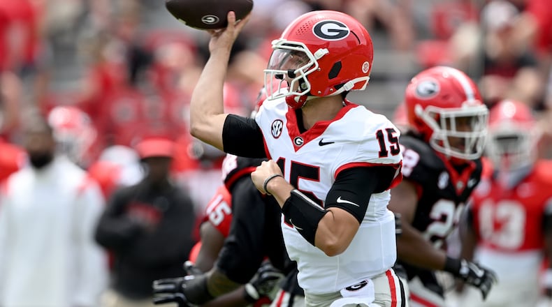 Georgia quarterback Ryan Montgomery — pictured during the G-Day spring football gamein April — appears to have tightened the race with Ryan Puglisi for the backup quarterback role behind Gunner Stockton. (Hyosub Shin/AJC)
